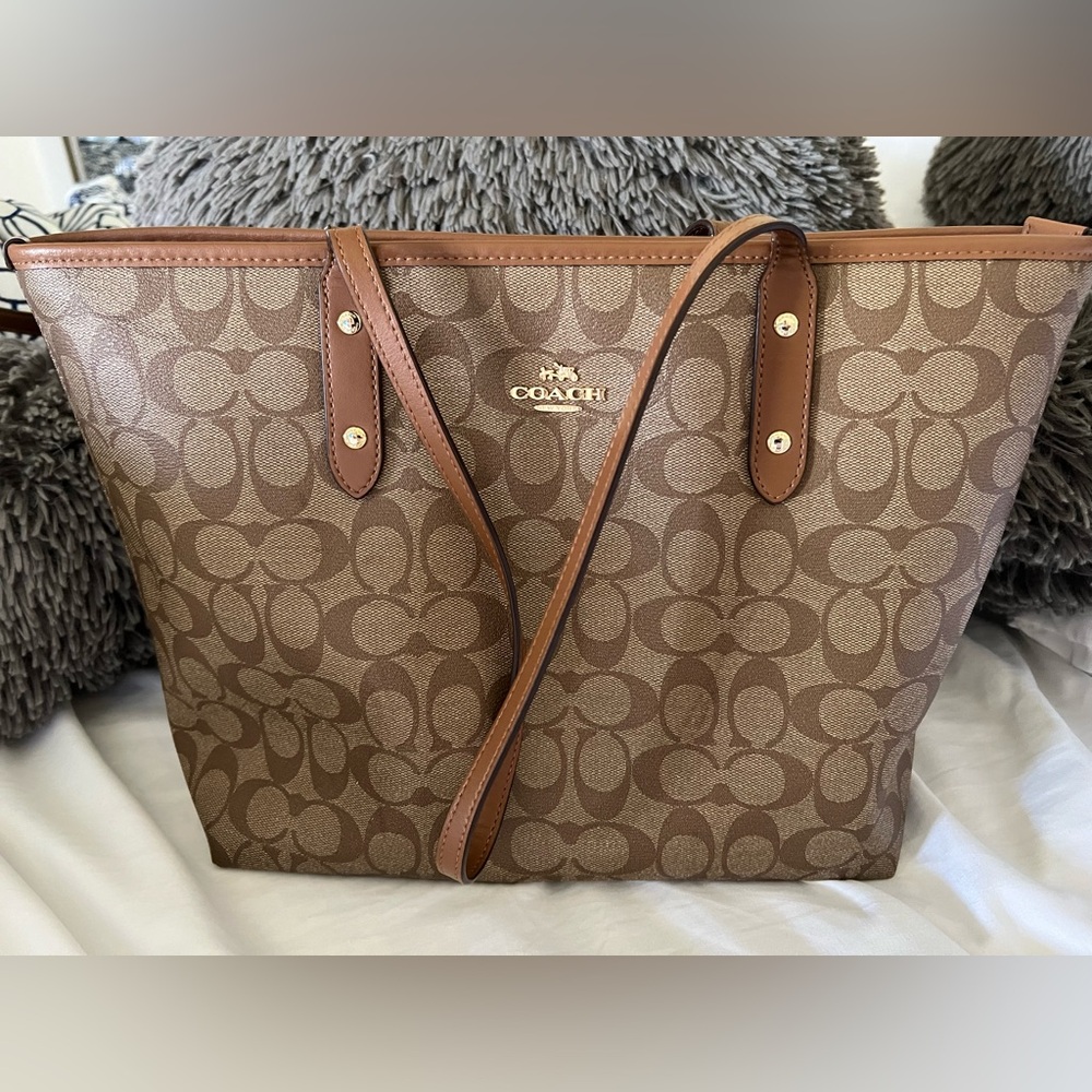Coach Brown Monogram Tote with Leather Accents
